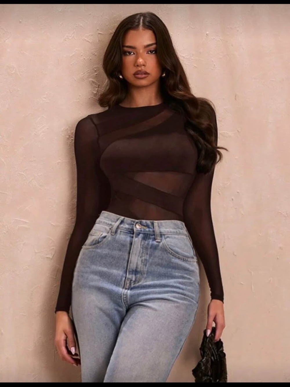 Sheer Long-Sleeve Mesh Bodysuit in Brown